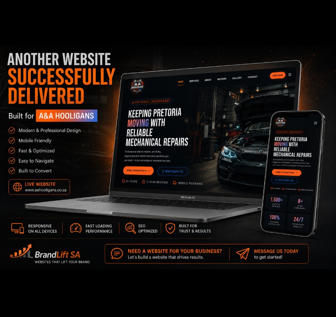 A&A Hooligans — mechanic website built by BrandLift SA, shown on laptop and mobile