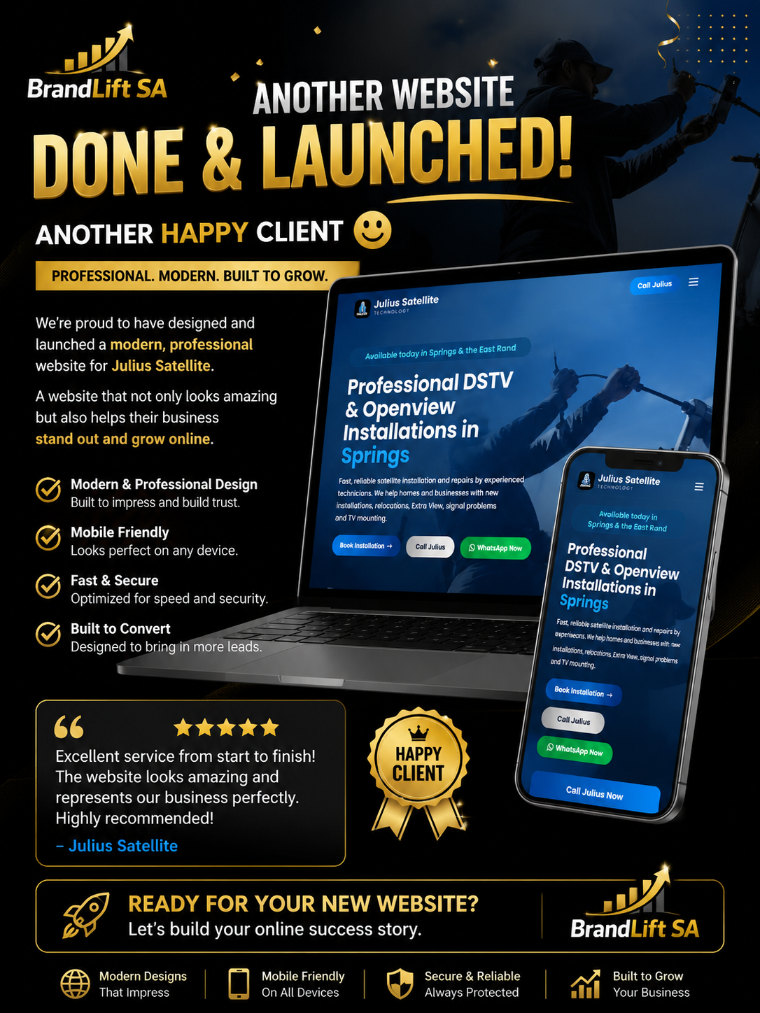 Julius Satellite Technology — DSTV installation website built by BrandLift SA, shown on laptop and mobile