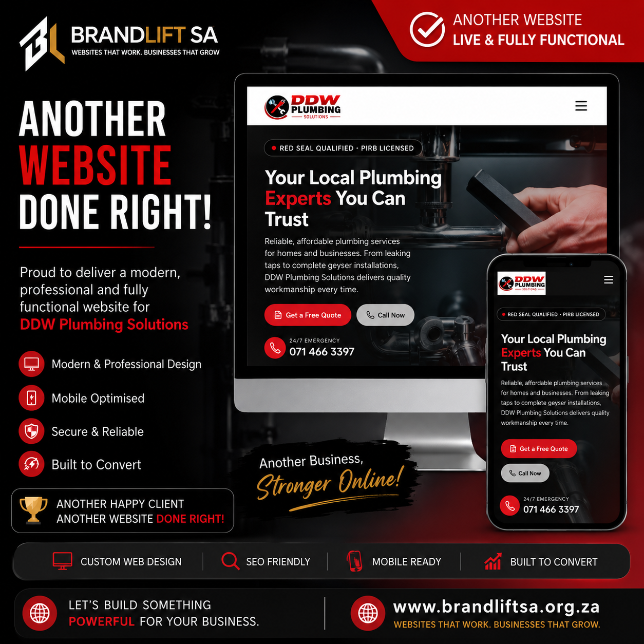 DDW Plumbing Solutions — plumbing website built by BrandLift SA, shown on laptop and mobile